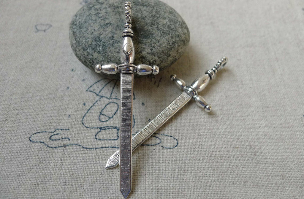 Accessories - 10 Pcs Of Antique Silver Sword Charms Pendants 19x59mm A6492