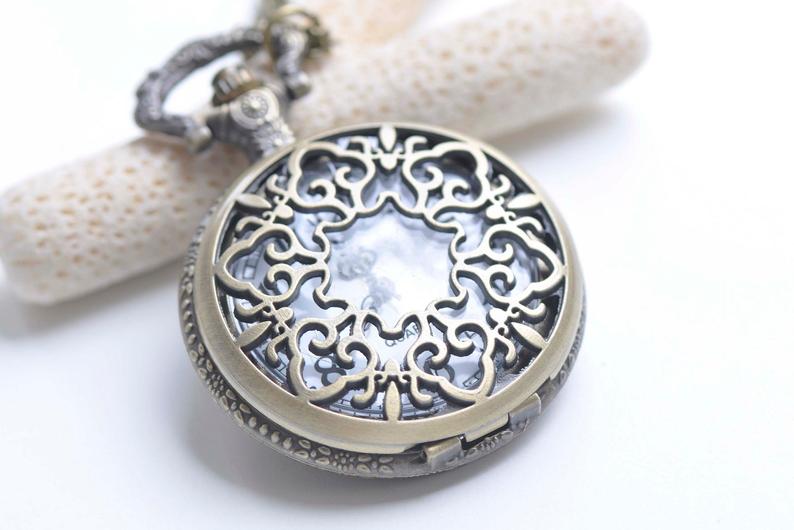 Antique Bronze Large Filigree Pocket Watch Necklace Set of 1 A8538