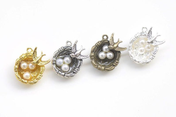 6 pcs Bird And Three Eggs In Nest Charms Pendants