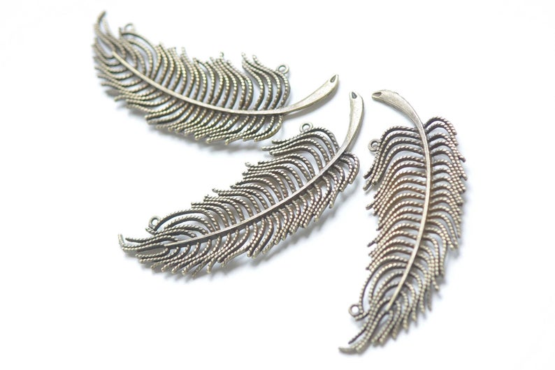 Antique Bronze Large Feather Connectors Pendants 28x78mm Set of 10