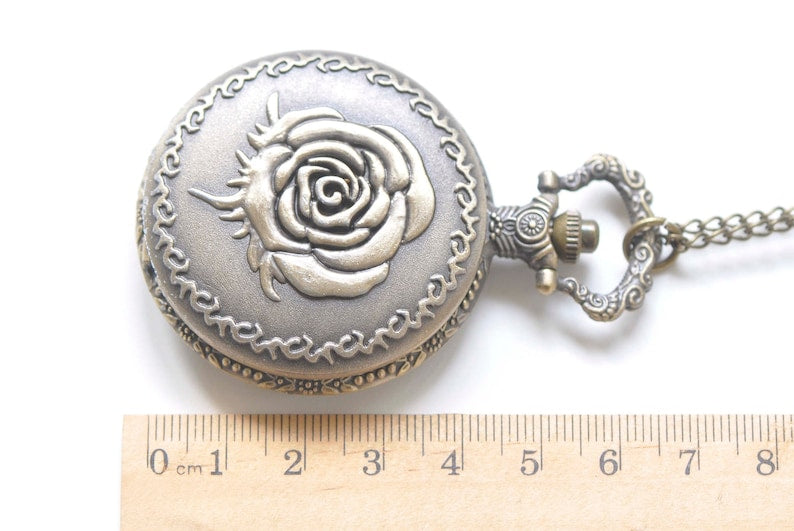 Antique Bronze Rose Flower Small Pocket Watch Necklace 27mm/47mm