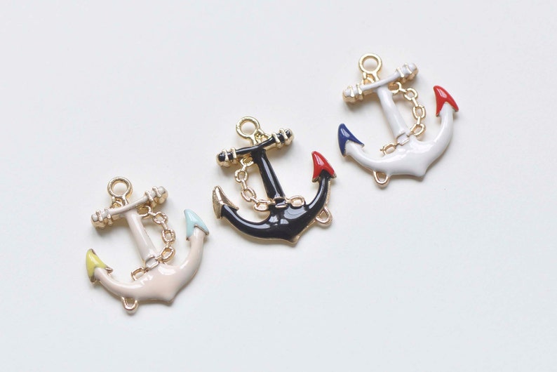 Half White/Black/Pink Enamel Gold Anchor Connector Charms Set of 5