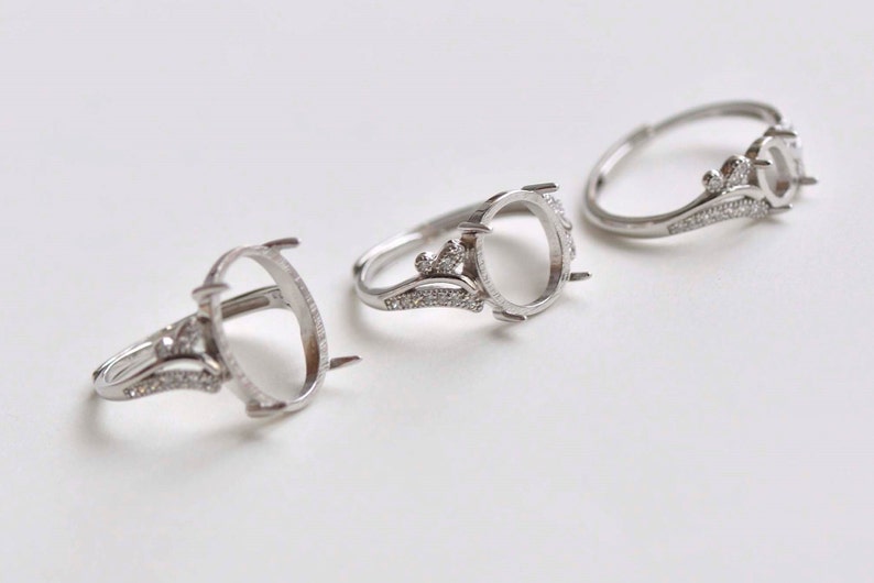 Rhodium Plated 925 Solid Sterling Silver Oval Bezel Rhinestone Adjustable Ring Blanks