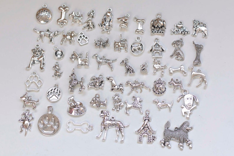 Antique Silver Dog Pet Themed Charms Mixed Styles Set of 50