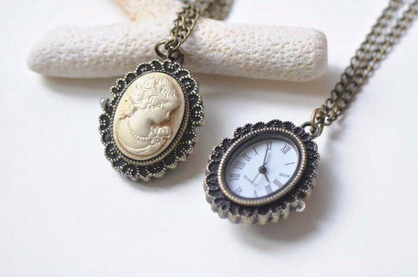 1 PC Oval Resin Lady/Flower Cameo Pocket Watch Necklace
