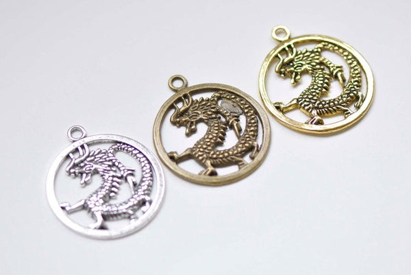 Antique Bronze/Silver/Gold Dragon Ring Round Charms 32mm Set of 10
