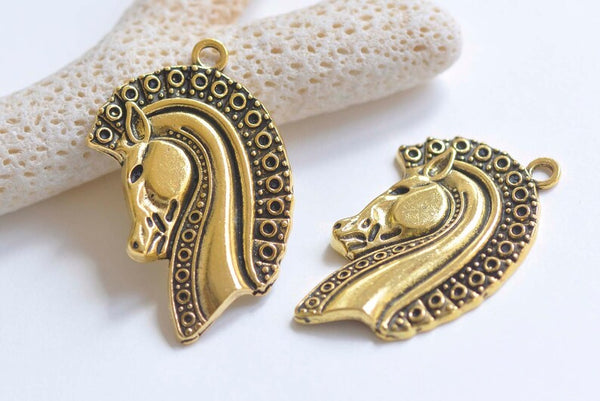 10 pcs Antique Gold Fancy Horse Head Pendants Charms 25x40mm A3981