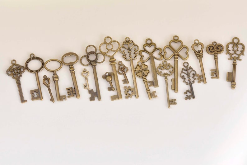 Antique Bronze Skeleton Key Charms Pendants Collection Mixed Style Set of 19 A6671
