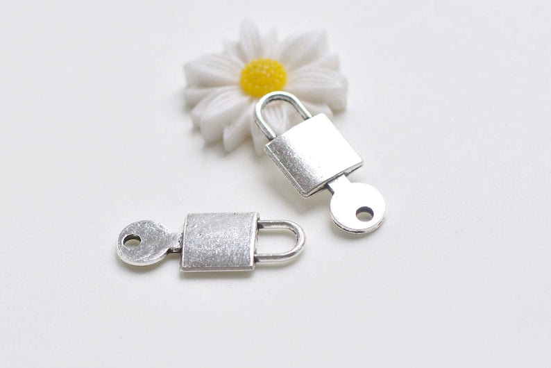 10 pcs Antique Silver Padlock Key Charms Double Sided 10x25mm