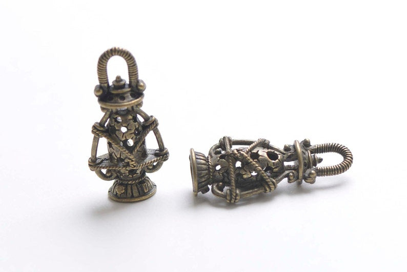 Antique Bronze 3D Filigree Lantern Pendant Charms 17x34mm Set of 10