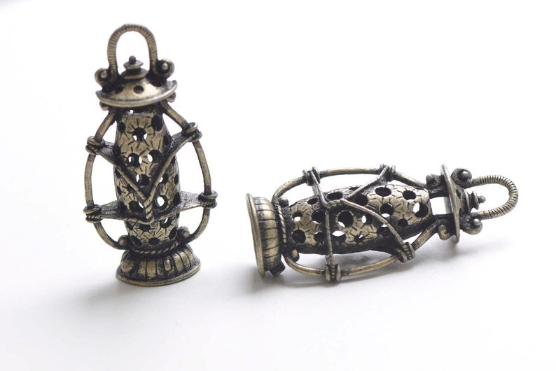 Antique Bronze 3D Filigree Lantern Pendant Charms 27x54mm Set of 4