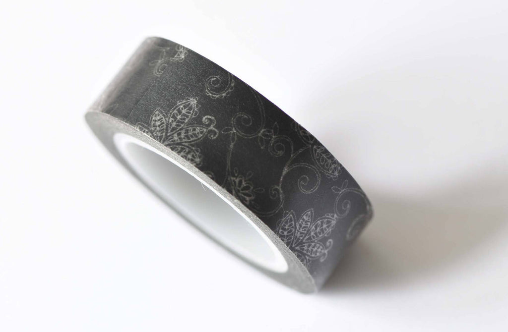 Retro Black Flower Floral Deco Washi Tape 15mm Wide x 10M Roll A12454