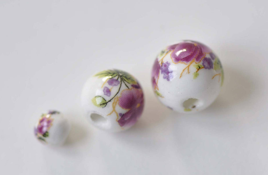 20 pcs Hand Painted Pinkish Purple Flower Chinese Ceramic Beads 6mm to 18mm