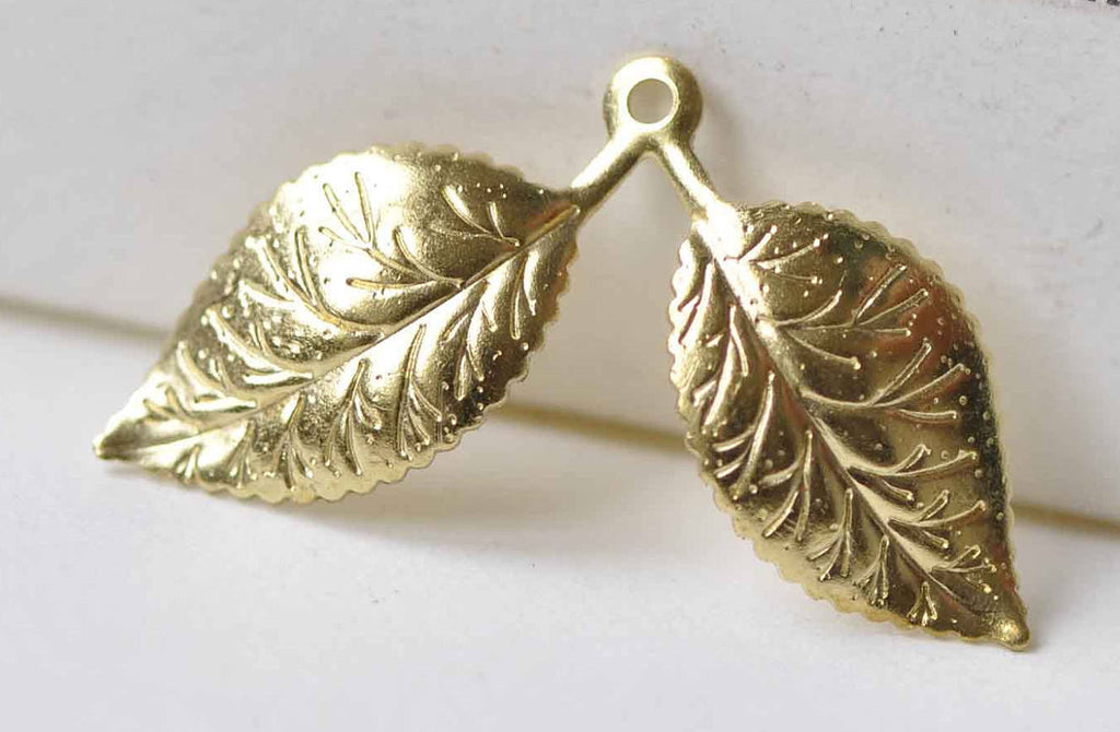 20 pcs Raw Brass Two Leaf Branch Charms Stamping Embellishments A8970