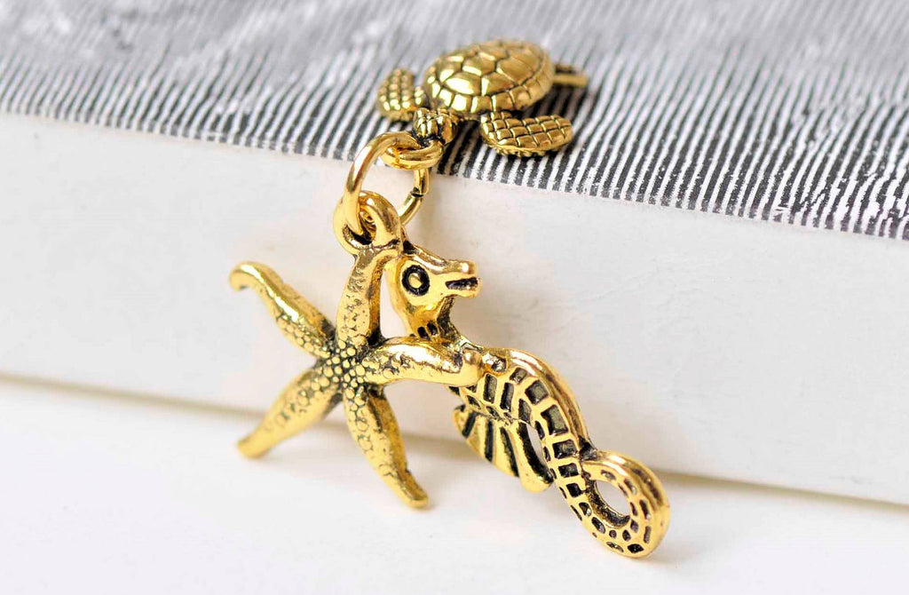Antique Gold Ocean Creature Kit Charms Pendants Set of 10 A8985