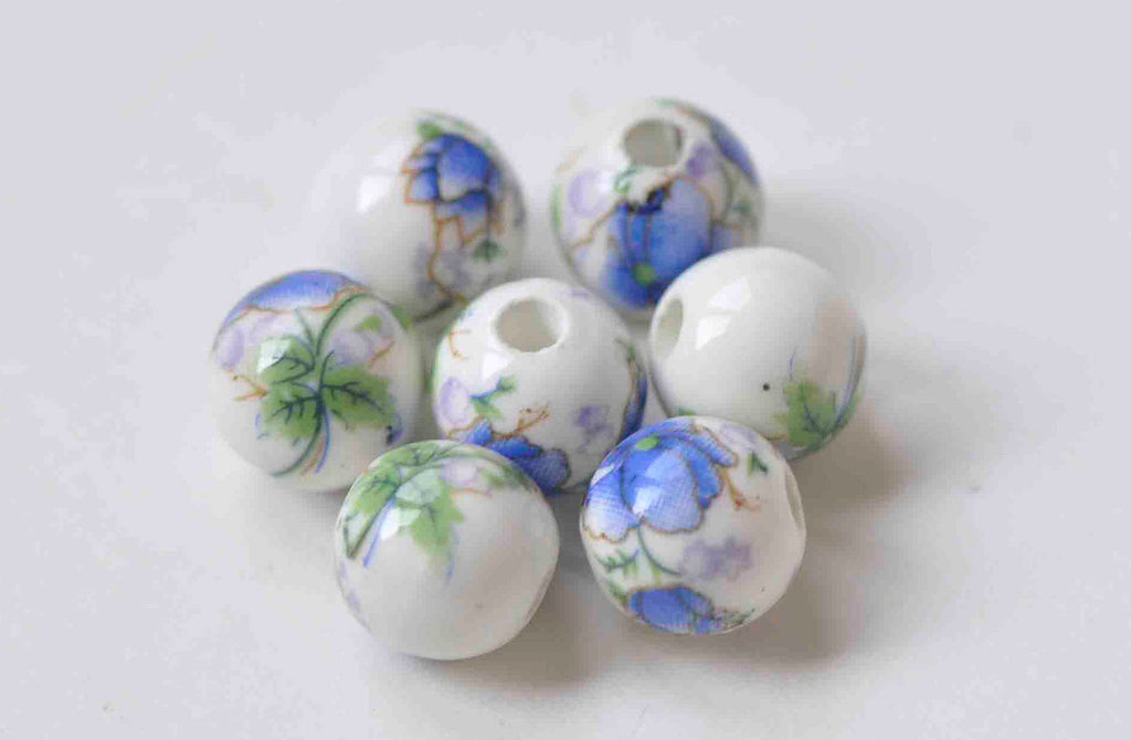 20 pcs Blue Flower Ceramic Porcelain Round Beads 6mm-14mm