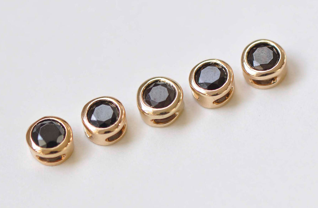 6 pcs 24K Champagne Gold Spacer Beads Black Rhinestone 5.3mm/6mm