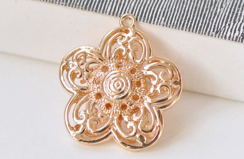2 pcs 24K Champagne Gold Filigree Flower Pendants  27x30mm A6601