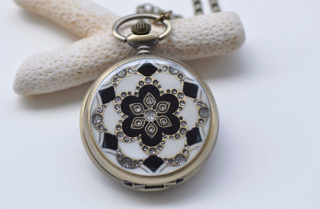 1 PC Antique Bronze Enamel Flower Large Pocket Watch Necklace 47mm