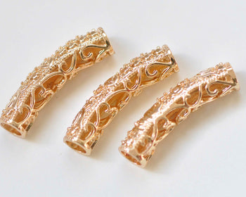 4 pcs 24K Champagne Gold Brass Curved Fancy Floral Tubes A384