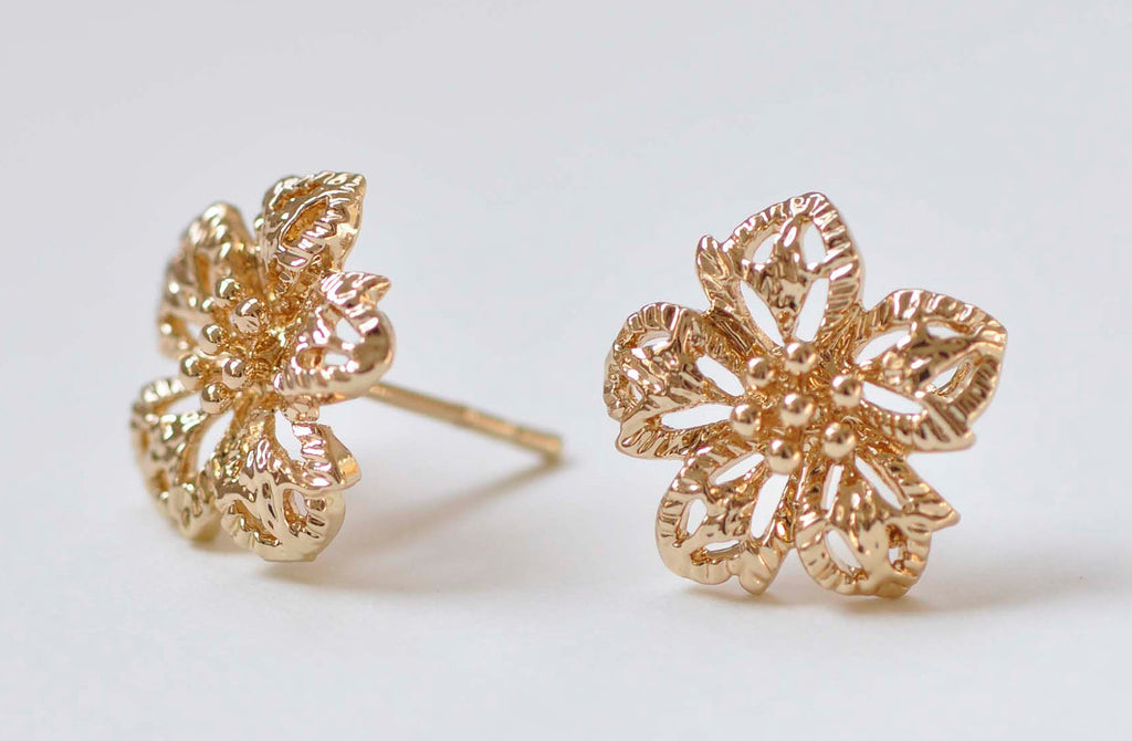 6 pcs 24K Champagne Gold Flower Ear Studs Posts With Back Loop A5186