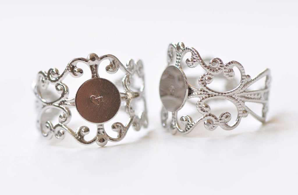 10 pcs Platinum Adjustable Filigree Flower Ring Bases 8mm Pad A1678