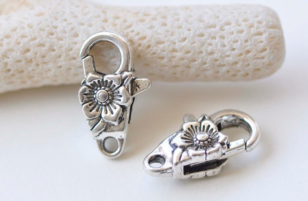 10 pcs Antique Silver Flower Lobster Clasps 11x24mm A2356