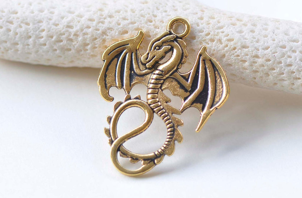 10 pcs Antique Gold Flying Dragon Charms Pendants 27x34mm A1088