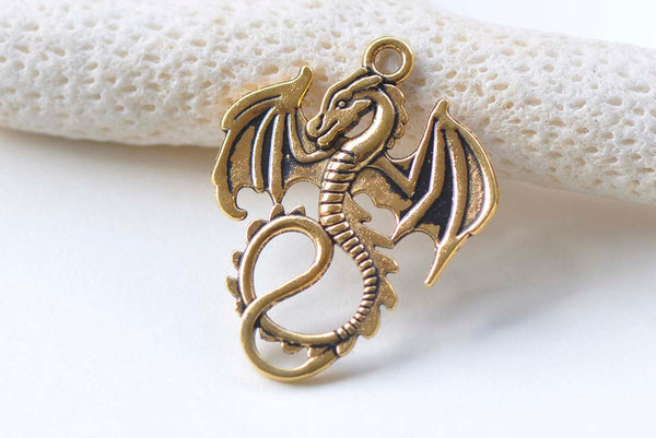 10 pcs Antique Gold Flying Dragon Charms Pendants 27x34mm A1088