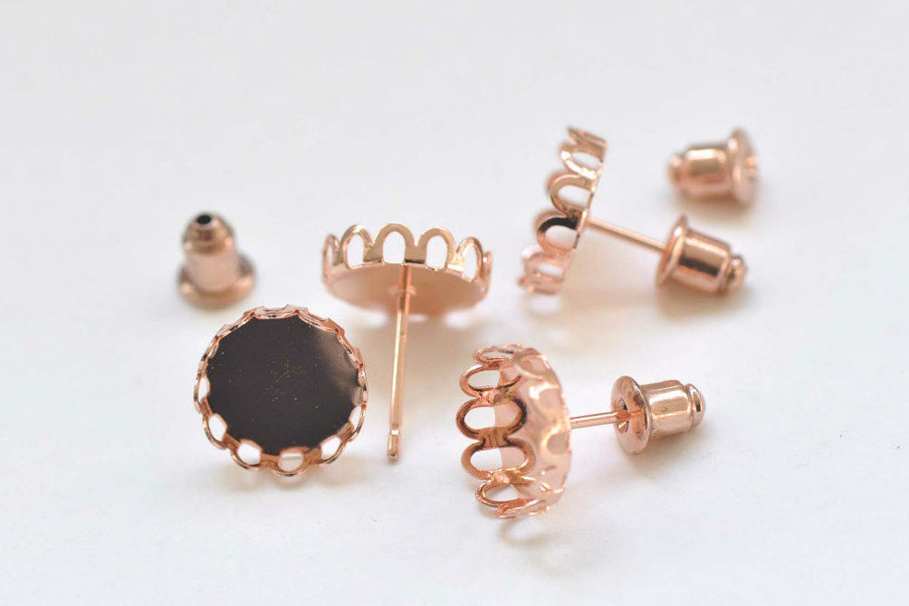 10 sets Anti Tarnish Rose Gold Ear Stud Earring Posts Scalloped Edge Bezel Size 10mm/12mm