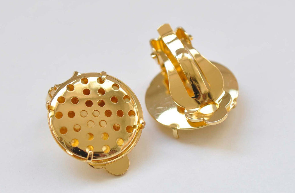 24K Gold Perforated Sieve Bezel Cup Ear Clips Findings Match 16mm Cabochon Set of 10 A5999