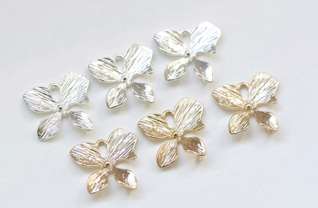 Silver/Champagne Gold Four Petal Butterfly Flower Charms With Back Loop Set of 6