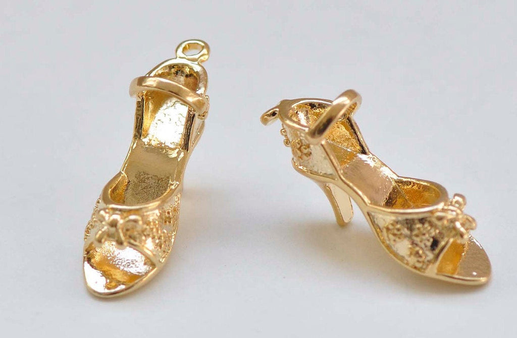 10 pcs 24K Gold High Heel Shoes Lady Floral Sandals Charms Pendants 7x20mm A4986