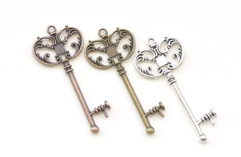 5 pcs Filigree Crown Skeleton Key Pendants Charms 30x69mm Double Sided Antique Bronze/Silver/Copper
