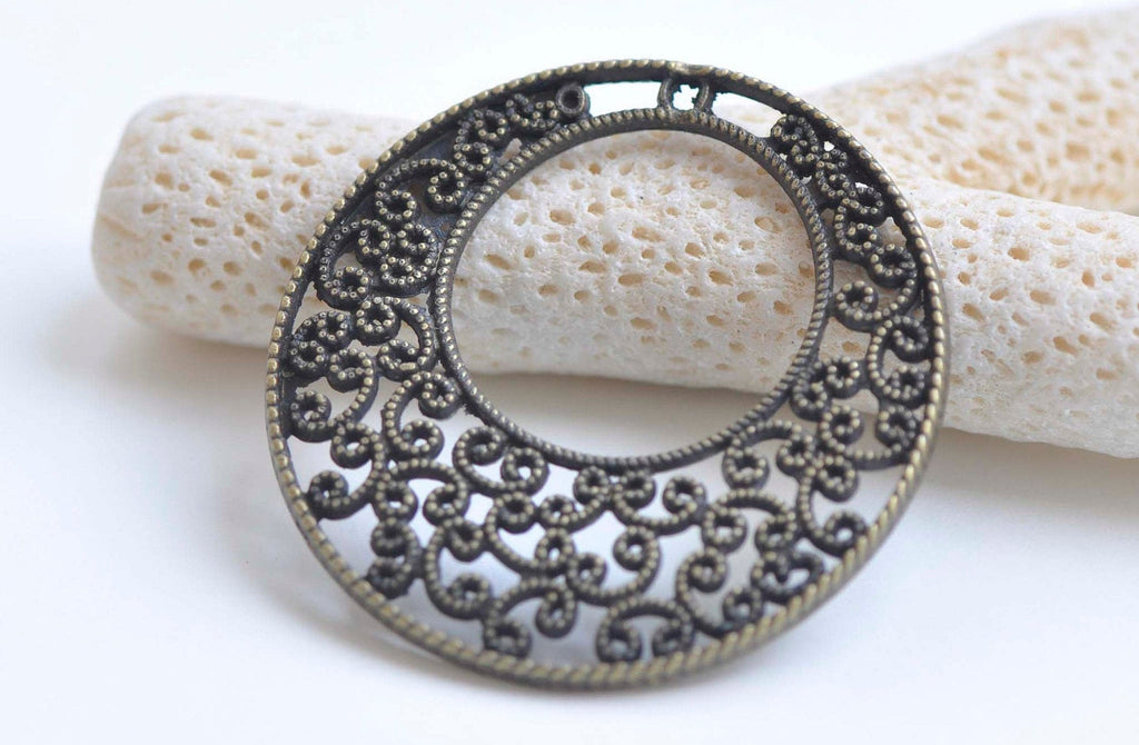 Flower Ring Pendants Antique Bronze Large Filigree Circle Charms 40mm Set of 10 A6057