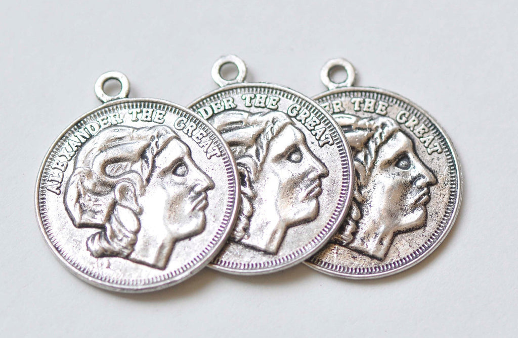 Antique Silver Roman Coin Greek Warrior Round Pendant Charms Small Size 23mm Set of 10 A5332