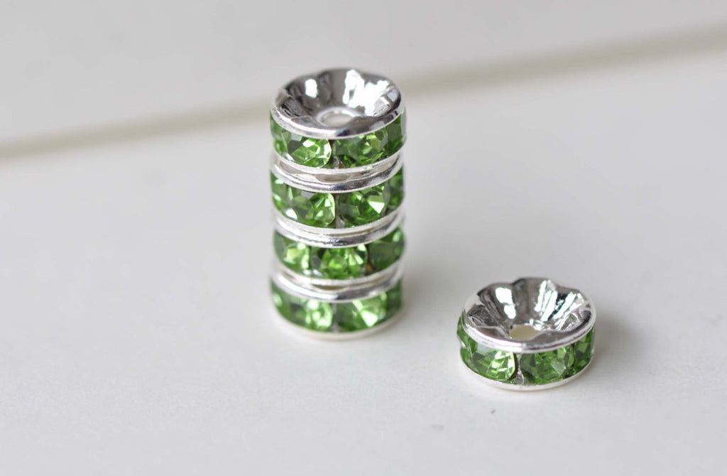 10 pcs Silver Olive Green Rhinestone Rondelle Spacer Beads 8mm A7904
