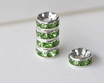 10 pcs Silver Olive Green Rhinestone Rondelle Spacer Beads 8mm A7904