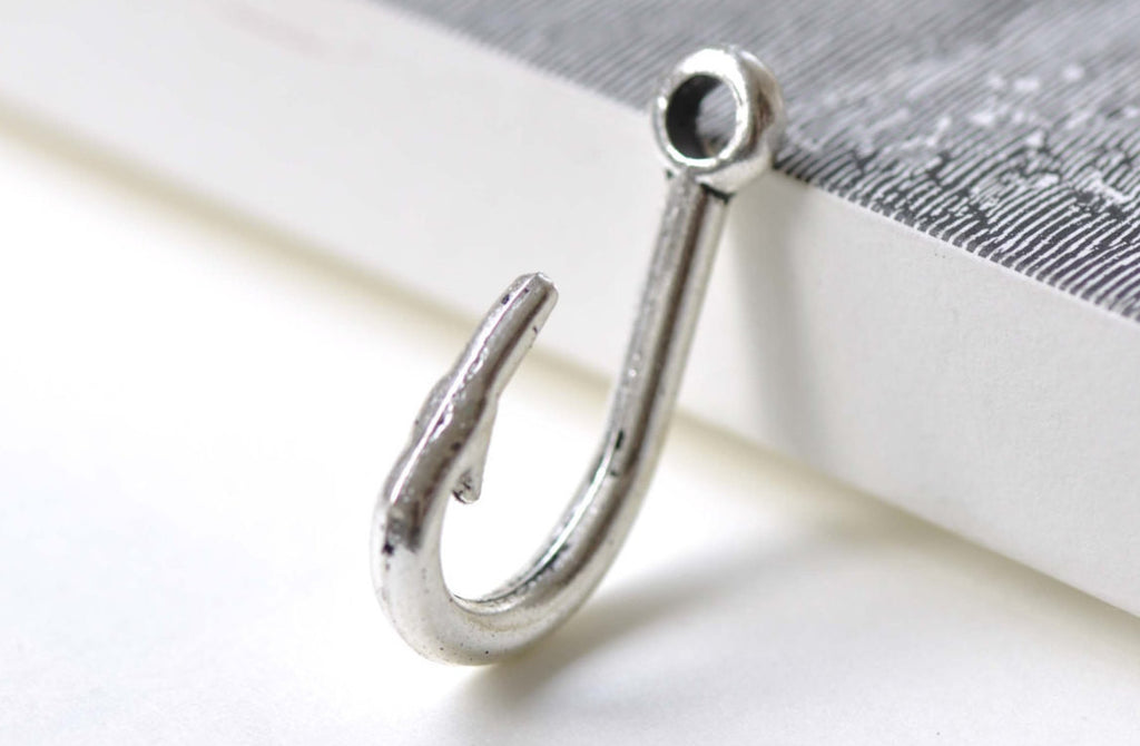 Antique Silver Fish Hook Charms Fishing Hook Pendants Set of 10 A8029