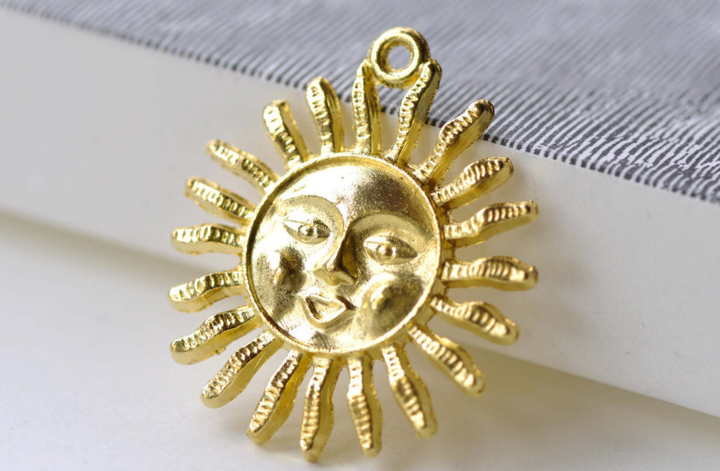 Gold Sun Face Charms Pendants 30mm Set of 10 A8061
