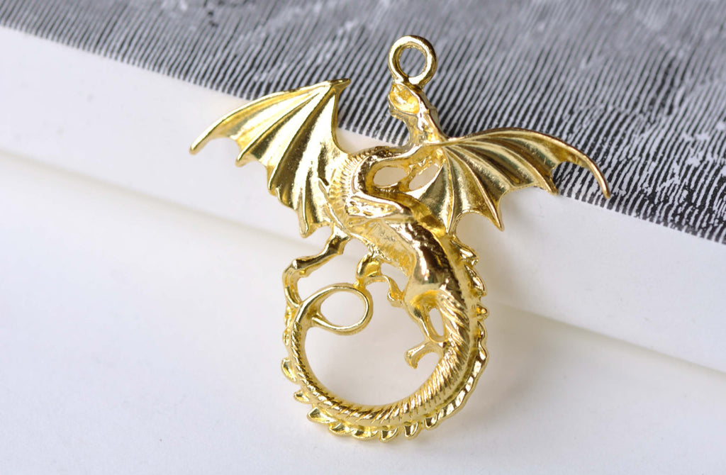 Flying Dragon Charms Shiny Gold Large Pendants Set of 10 A8076