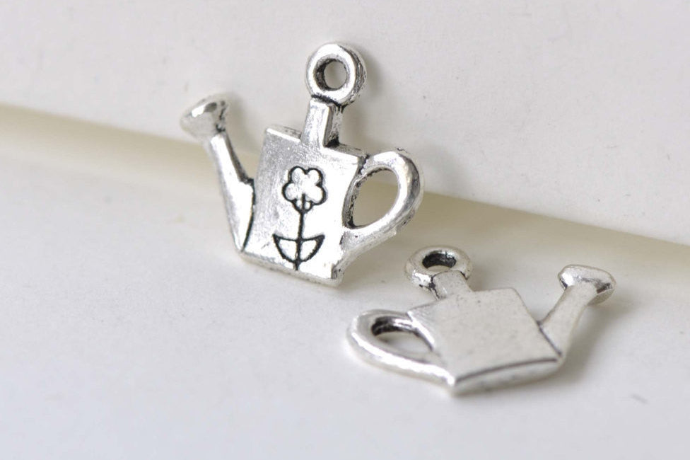 Antique Silver Flower Watering Can Charms Set of 20 A7950