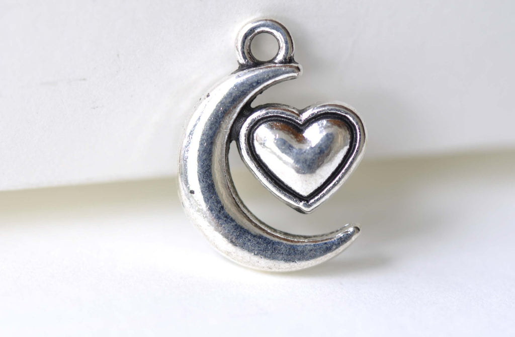 Crescent Moon Heart Charms Antique Silver Pendants Set of 20 A8111
