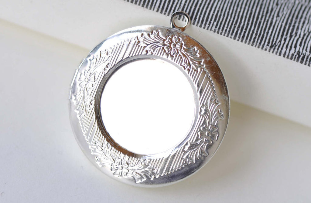 Silver Round Bezel Photo Lockets Match 20mm Cabochon Set of 2 A8151