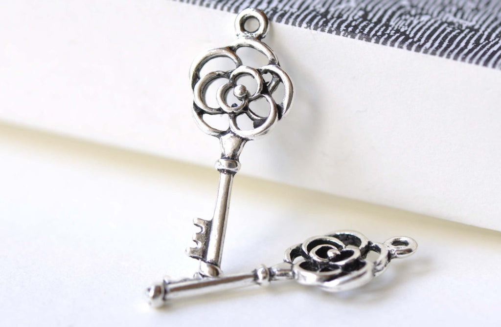 Antique Silver Filigree Flower Key Charms 11x28mm Set of 10 A8149