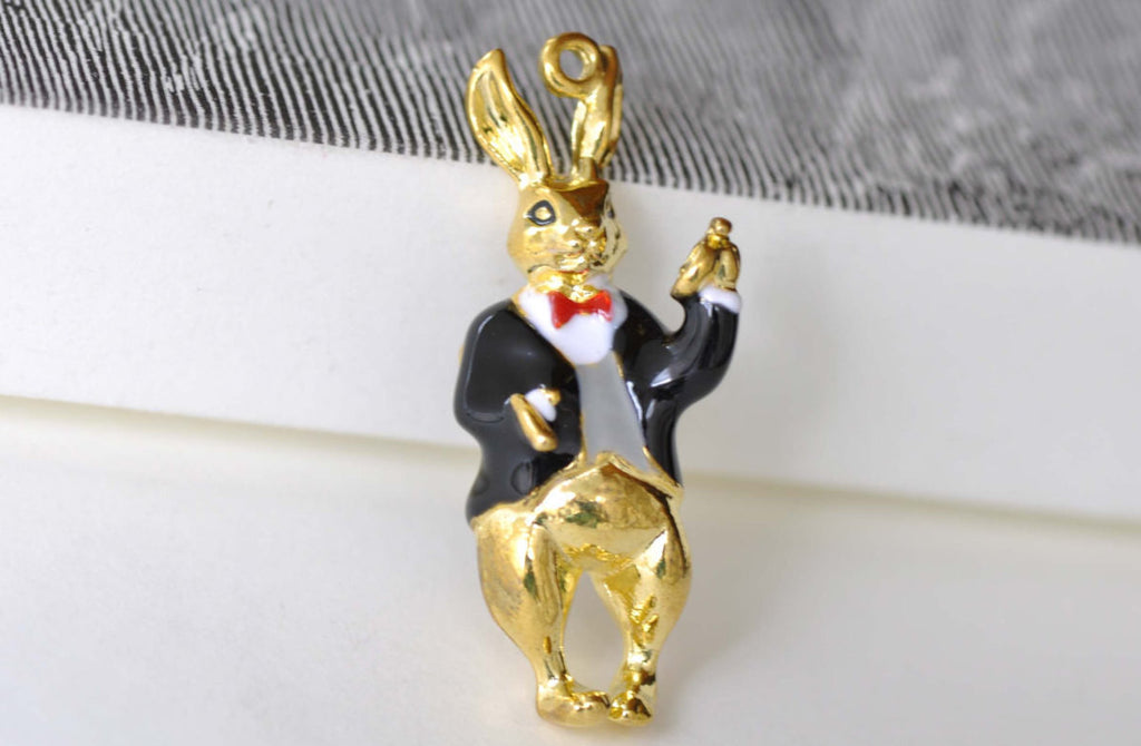Gold Enamel Rabbit in Suit Pendants Charms 14x36mm Set of 2 A8154