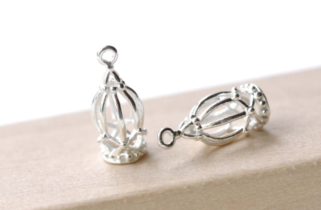 Silver Bird Cage Pendants Charms 7x15mm Set of 10 A8159