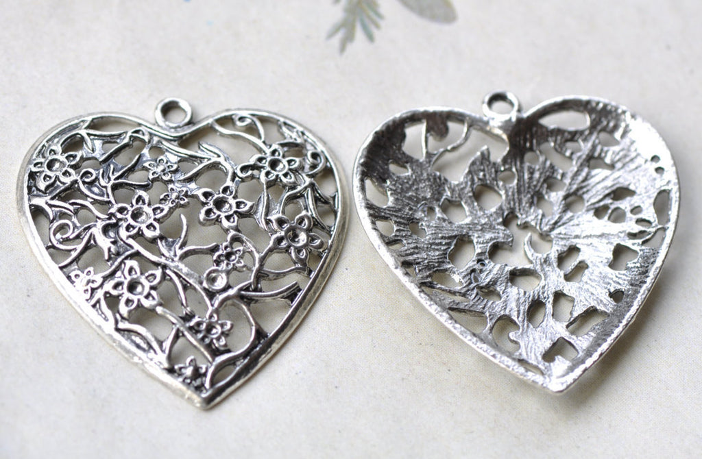 Antique Silver Large Flower Heart Pendants Charms Set of 10 A8033