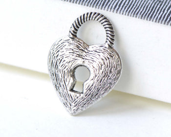 Antique Silver Heart Lock Charms Double Sided Set of 10 A8172