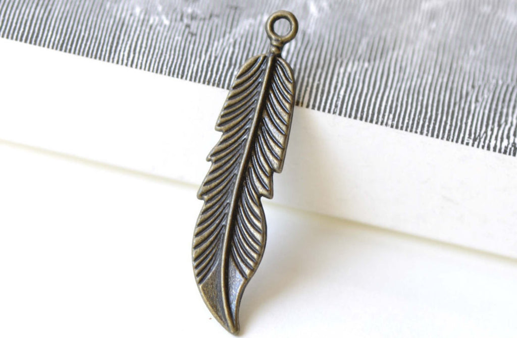 Long Feather Charms Antique Bronze Pendant 11x45mm Set of 10 A8297